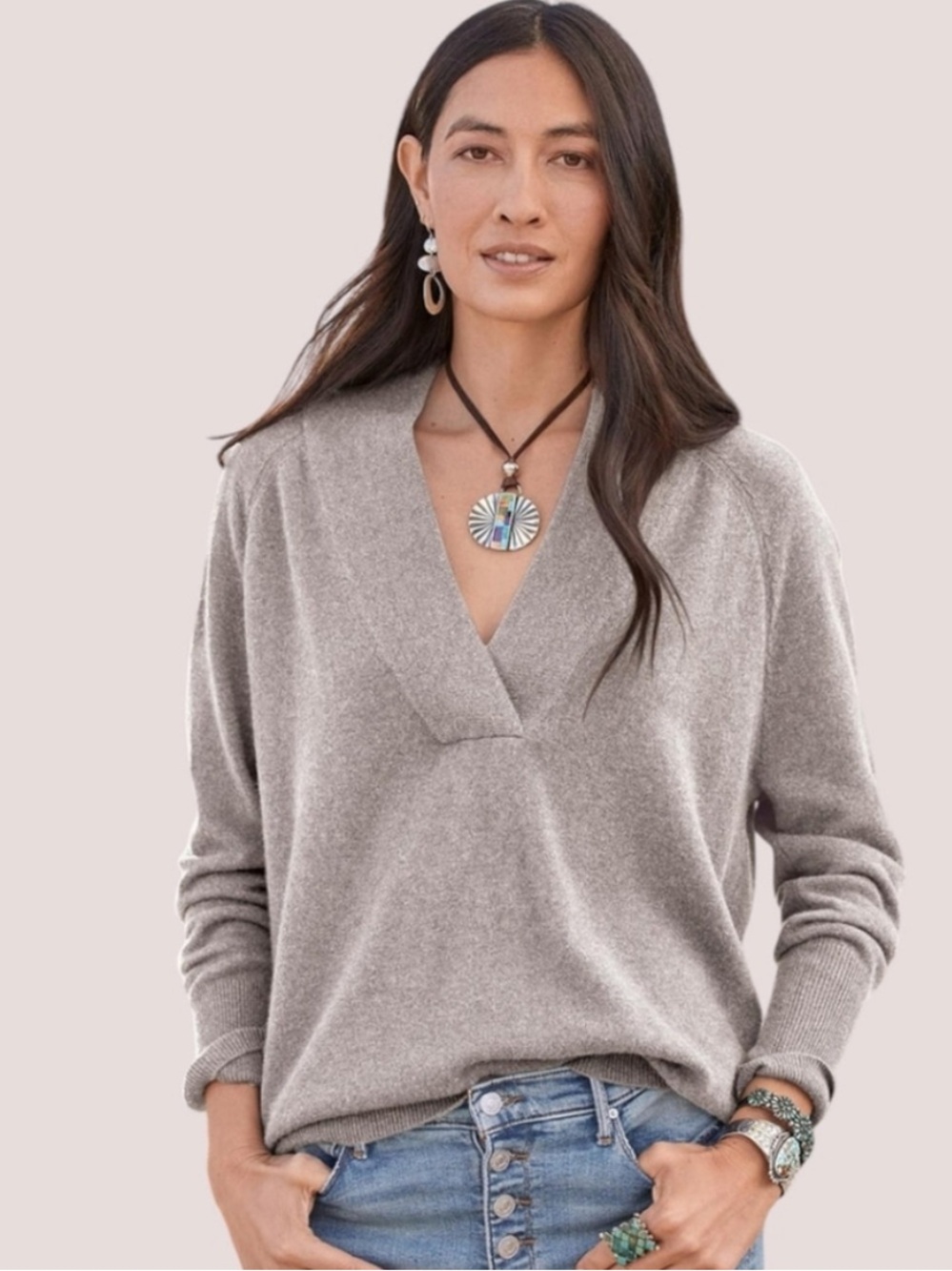 SUNDANCE Zadie Cashmere Sweater Oatmeal Gray XL